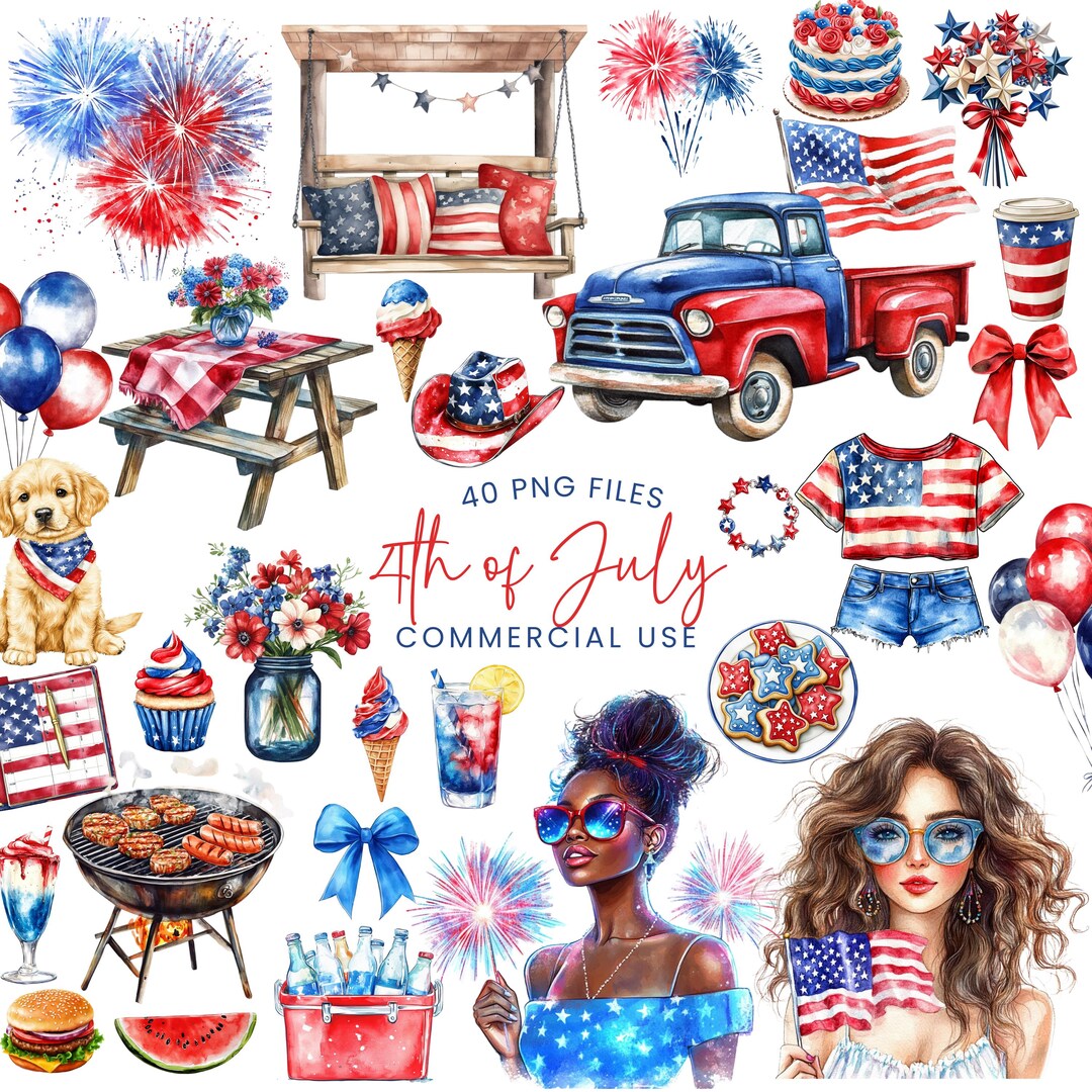 4th of July Clipart - Watercolor - Independence Day Png - Planner ...