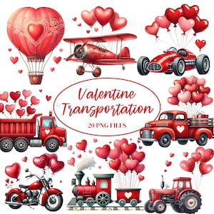 Puede incluir: Un conjunto de 20 ilustraciones digitales de transporte con temática de San Valentín. Las ilustraciones incluyen un avión rojo, una camioneta roja, un tractor rojo, una motocicleta roja, un tren rojo y un globo aerostático rojo. Cada vehículo está decorado con corazones rojos y rosas.