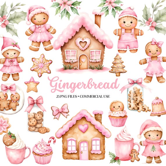 Watercolor Pink Gingerbread Clipart - Christmas Png - Cute Clipart - Gingerbread Cookies - Gingerbread House - Hot Cocoa - Commercial use