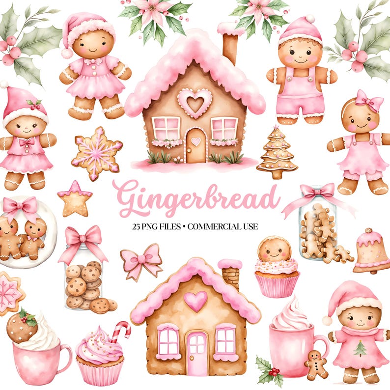 Adorable gingerbread girl cookies dressed in pink clothing, pink gingerbread houses, cookies in a jar with pink bow, gingerbread  cookies shaped like Christmas trees, bell, bow, snowflakes