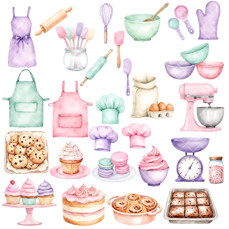 May include: A set of watercolor illustrations featuring baking and kitchen items. The set includes aprons, chef hats, rolling pins, mixing bowls, measuring cups, a stand mixer, a scale, a cupcake, a cake, cookies, and other baking supplies. The illustrations are in pastel colors and have a whimsical feel.