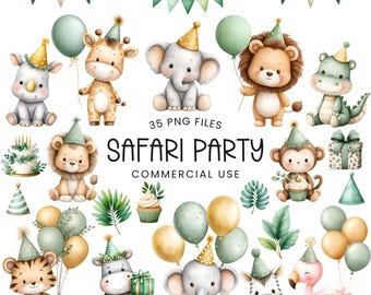 Safari Party Clipart - Akvarell - Djungelfödelsedag - Vild - Kommersiellt bruk