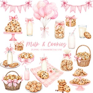 May include: A watercolour illustration of a milk and cookies themed clipart set. The set includes images of milk bottles, cookies, jars of cookies, a basket of cookies, a plate of cookies, a glass of milk, balloons, and a banner. The images are all in a pink and white colour scheme.