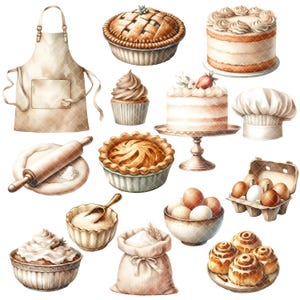 Puede incluir: Una colecci&oacute;n de utensilios de reposter&iacute;a y postres, que incluyen un delantal marr&oacute;n, un rodillo, un taz&oacute;n de harina, una bolsa de harina, un taz&oacute;n de az&uacute;car, una tarta, un pastel, magdalenas, rollos de canela y huevos.