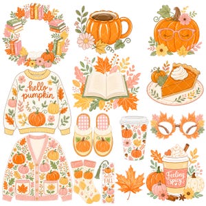 May include: A collection of autumn-themed illustrations featuring a book wreath, a pumpkin mug, a pumpkin with glasses, a sweater with the text hello pumpkin, an open book, a slice of pie, slippers, a cup, leaf glasses, socks, and a coffee cup.