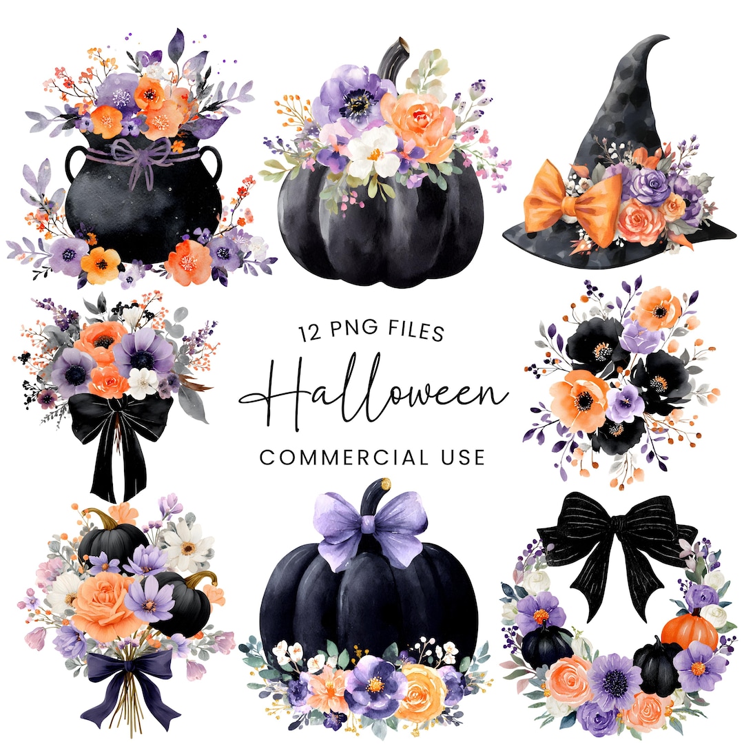 Halloween Clipart - Watercolor - Floral Pumpkin Png - Black Pumpkin ...