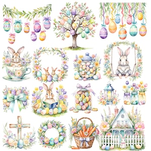 May include: A watercolour illustration of Easter themed clipart. The image features a variety of Easter symbols, including bunnies, eggs, wreaths, and a cross. The colours are bright and cheerful, with a pastel colour palette.