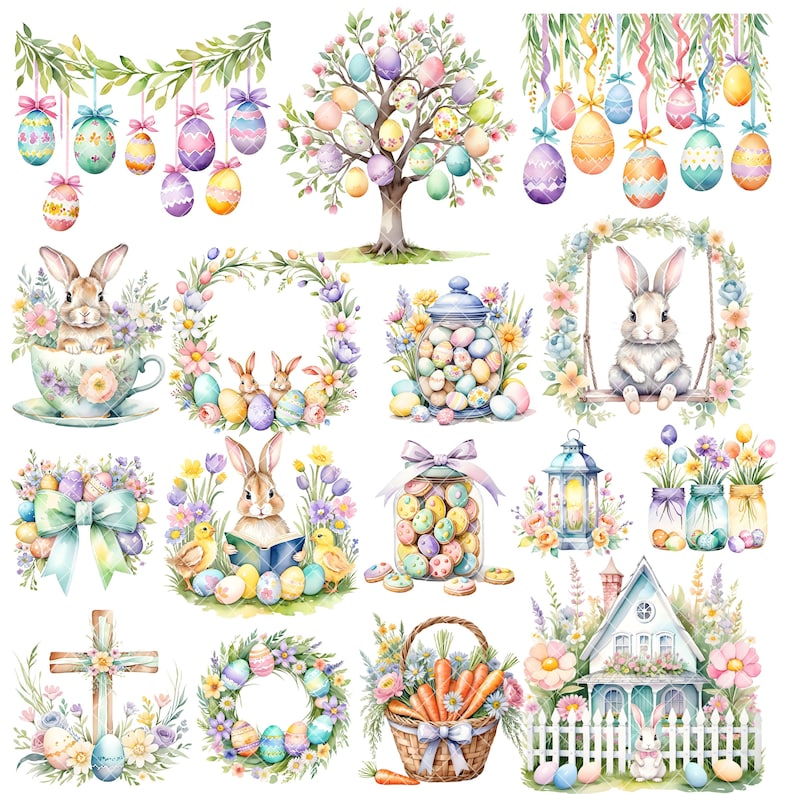 May include: A watercolour illustration of Easter themed clipart. The image features a variety of Easter symbols, including bunnies, eggs, wreaths, and a cross. The colours are bright and cheerful, with a pastel colour palette.