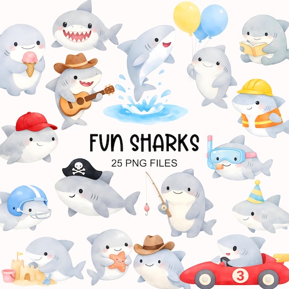Shark Clipart - Watercolor - Cute Sharks Png - Commercial Use