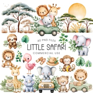 以下が含まれることがあります： ライオン、キリン、ゾウ、チーターなど、サファリの動物を描いた水彩イラスト。画像には「LITTLE SAFARI」と「COMMERCIAL USE」の文字が含まれています。動物たちは木々や葉の背景に配置されています。