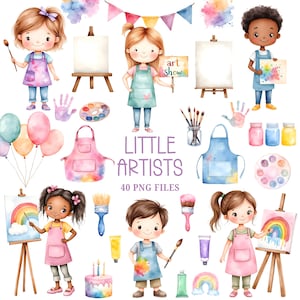 Little Artists Clipart - Aquarel - Cute Kid's Png - Art Party - Schilderen - Schildersezel - Commerciële licentie - Kid's Clipart-bundel