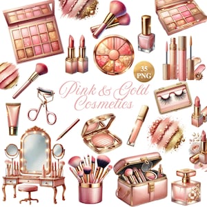 Puede incluir: Un conjunto de 35 ilustraciones de cosméticos rosas y dorados, que incluyen pinceles de maquillaje, paletas de sombras de ojos, lápiz labial, delineador de ojos, máscara de pestañas, botellas de perfume y un espejo de tocador con luces. Las ilustraciones son perfectas para crear diseños digitales, scrapbooking o manualidades.