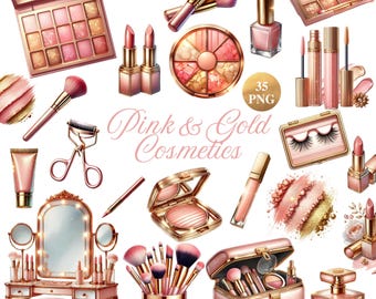 May include: A set of 35 pink and gold cosmetic illustrations, including makeup brushes, eyeshadow palettes, lipstick, eyeliner, mascara, perfume bottles, and a vanity mirror with lights. The illustrations are perfect for creating digital designs, scrapbooking, or crafting.