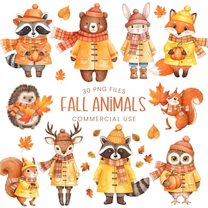 Puede incluir: Ilustración en acuarela de varios animales de otoño, incluyendo un mapache, un oso, un conejo, un zorro, un erizo, una ardilla, un ciervo y un búho. Cada animal lleva un abrigo amarillo, una bufanda y un sombrero, sosteniendo calabazas u hojas de otoño. El texto "FALL ANIMALS" está presente.