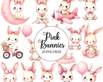 Cute Pink Bunny Clipart - Watercolor - Nursery Clipart - Bunny Png - Baby Shower Clipart - Rabbit Sublimination - Commercial License