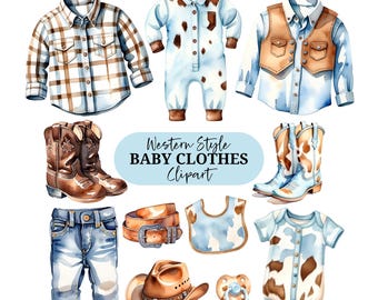 Cute baby clothes clipart - Watercolor - Cowboy - PNG images - Clipart bundle - Western - Cowboy Boots - Rodeo - Fashion - Commercial use