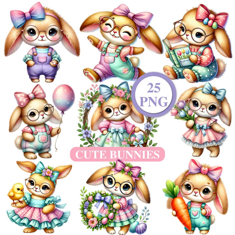 May include: A set of 25 digital illustrations of cute cartoon bunnies wearing glasses and various outfits. The bunnies are holding items like books, flowers, and carrots. The text "25 PNG" and "Cute Bunnies" is included in the image.