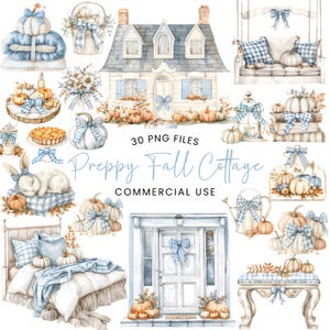 Könnte beinhalten: Aquarellillustrationen zum Thema eines vornehmen Herbstcottages. Das Bild zeigt Kürbisse, Schleifen, ein Haus, ein Bett und andere dekorative Elemente in Weiß, Blau und Orange. Der Text lautet "Preppy Fall Cottage" und "Commercial Use".