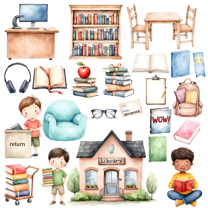 Bibliotek Barn Clipart - Akvarell - Bok Png - Läsning Clipart - Skol Clipart - Söt Barn Clipart Bundle - Kommersiell Licens bild 2
