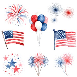May include: Watercolor illustrations of patriotic symbols, including American flags, fireworks, and balloons in red, white, and blue. Stars and bursts of color evoke a festive atmosphere, perfect for Independence Day celebrations.