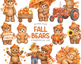 Fall Bear Clipart - Watercolor - Cute Bear Png - Autumn - Bear Clipart - Pumpkin Png - Commercial Use