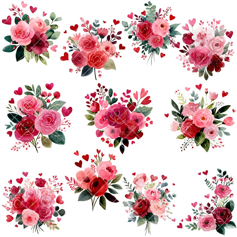Valentine Floral Clipart - Watercolor - Botanical Png Bundle - Floral ...