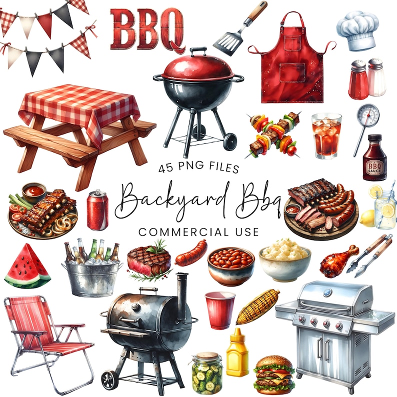 May include: Watercolor illustration of backyard BBQ elements. Includes a red and black grill, picnic table, food, drinks, and text that reads "Backyard BBQ" and "Commercial Use".