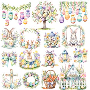 May include: A watercolour illustration of Easter themed clipart. The image features a variety of Easter symbols, including bunnies, eggs, wreaths, and a cross. The colours are bright and cheerful, with lots of pink, blue, green, and yellow.