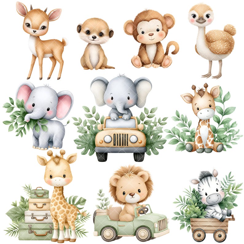 以下が含まれることがあります： 愛らしいサファリ動物を描いた水彩イラストのコレクション。鹿、ミーアキャット、猿、ダチョウ、象、キリン、ライオン、シマウマが含まれています。各動物は、緑の葉に囲まれたキュートな漫画スタイルで描かれています。