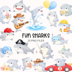 May include: A collection of watercolor illustrations featuring cartoon sharks in various poses and outfits. Some sharks hold ice cream, play guitar, and wear hats. The text "FUN SHARKS" and "25 PNG FILES" are also included.