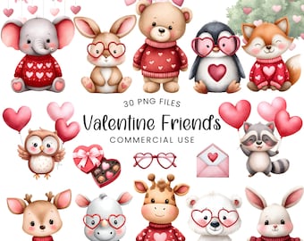 Valentine Animals Clipart - Watercolor - Valentine Png - Animals - Safari - Farm - Nursery - Children's Clipart - Commercial Use