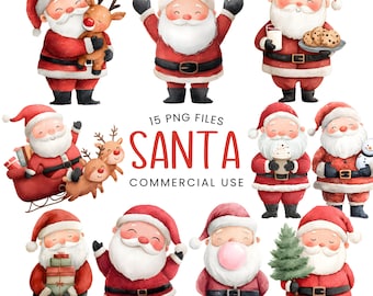 May include: A collection of 15 PNG files featuring Santa Claus in various poses. Santa is depicted in a red suit with a white beard and hat, holding gifts, cookies, and a reindeer. The text "SANTA" and "COMMERCIAL USE" are also visible.