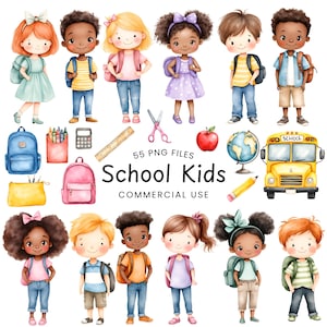 Clipart pour écoliers - aquarelle - retour à l'école png - enfants mignons - fournitures scolaires - sac à dos - crayon - autobus scolaire - usage Commercial