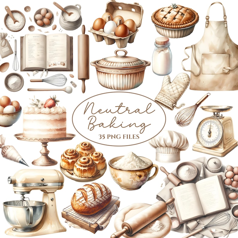 Puede incluir: Una colecci&oacute;n de ilustraciones de reposter&iacute;a en tonos neutros, que incluyen un pastel, pan, harina, una batidora de pie, un rodillo, un libro de cocina y un gorro de chef. El texto "Neutral Baking 35 PNG Files" est&aacute; incluido en la imagen.
