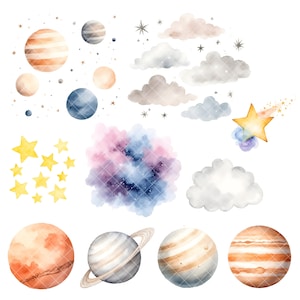 May include: Watercolor illustration of planets, stars, clouds, and a shooting star. The planets are in shades of orange, blue, and gray. Yellow stars and fluffy clouds are scattered throughout the image. A colorful nebula is also present.