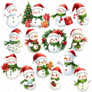 May include: A collection of 16 cartoon snowmen wearing red and white Santa hats and green scarves. Some snowmen are holding gifts, candy canes, wreaths, and other festive items.
