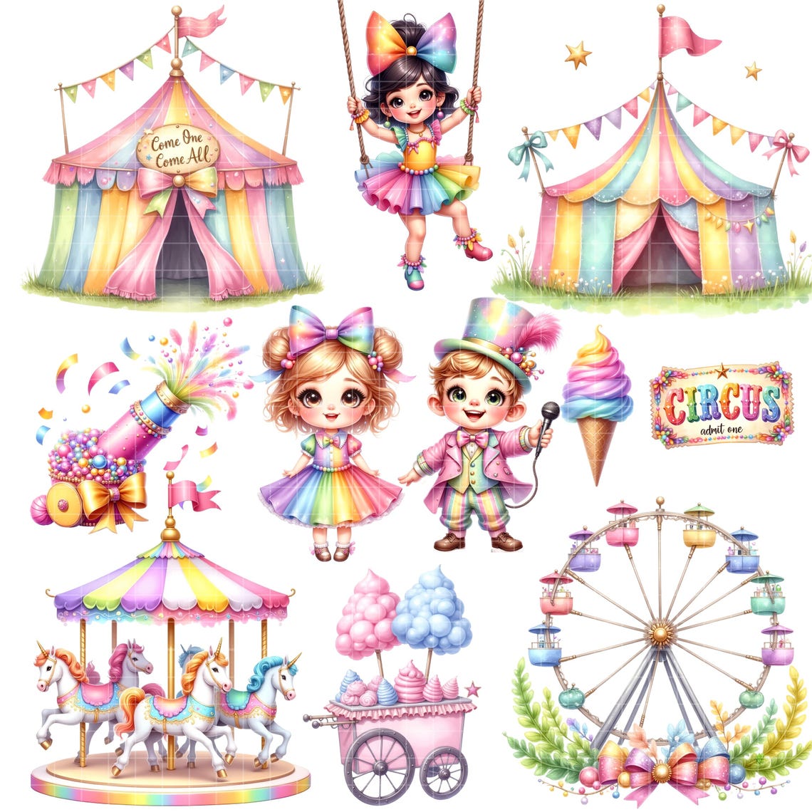 Pastel Circus Clipart - Watercolor - Carnival Clipart - Circus Png ...
