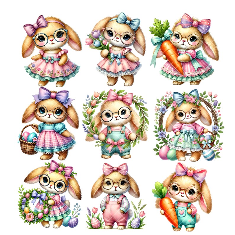 May include: Nine illustrations of cute cartoon bunnies dressed in different outfits and holding Easter-themed items. The bunnies are wearing dresses, overalls, and other clothing. They are holding baskets, eggs, carrots, and flowers.
