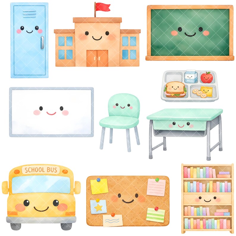 May include: Watercolor illustration of school-themed objects, including a blue locker, school building, chalkboard, whiteboard, chair, desk, lunch tray, school bus, bulletin board, and bookshelf. Each item has a smiling face.
