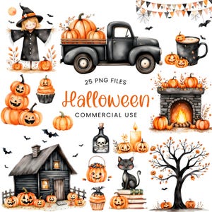 Puede incluir: Una colección de ilustraciones de Halloween en acuarela. Incluye una camioneta negra llena de calabazas, un espantapájaros, calabazas talladas, un gato negro, una casa embrujada y el texto "Halloween Commercial Use".