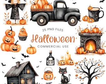 Può includere: Una collezione di illustrazioni di Halloween ad acquerello. Include un camioncino nero pieno di zucche, uno spaventapasseri, lanterne a forma di zucca, un gatto nero, una casa infestata e il testo "Halloween Commercial Use".