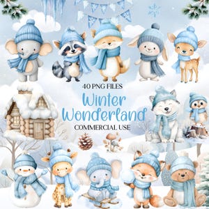 May include: A collection of watercolour illustrations featuring animals such as an elephant, raccoon, fox, rabbit, and wolf, each wearing blue hats and scarves. A snowman, giraffe, and bear are also depicted. The text reads "Winter Wonderland".