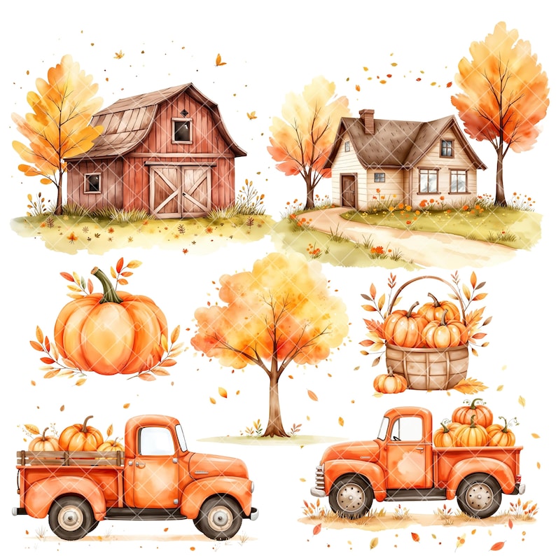 May include: A watercolor illustration of autumnal scenes with a red barn, a white house, a pumpkin, a fall tree, and two red pickup trucks with pumpkins in the bed.