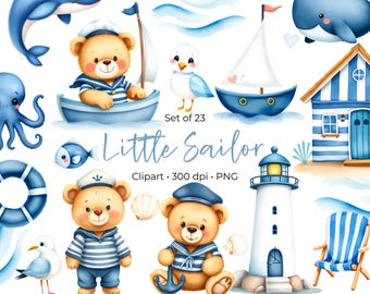 Cute sailor bear clipart - Nautical - Teddy bear png - Nursery clipart - Baby Shower png - Sea - Watercolor - Beach - Instant Download