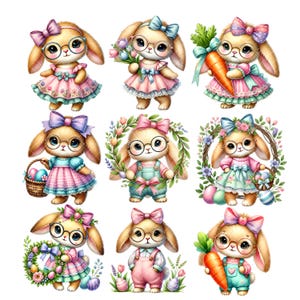 May include: Nine illustrations of cute cartoon bunnies dressed in different outfits and holding Easter-themed items. The bunnies are wearing dresses, overalls, and other clothing. They are holding baskets, eggs, carrots, and flowers.