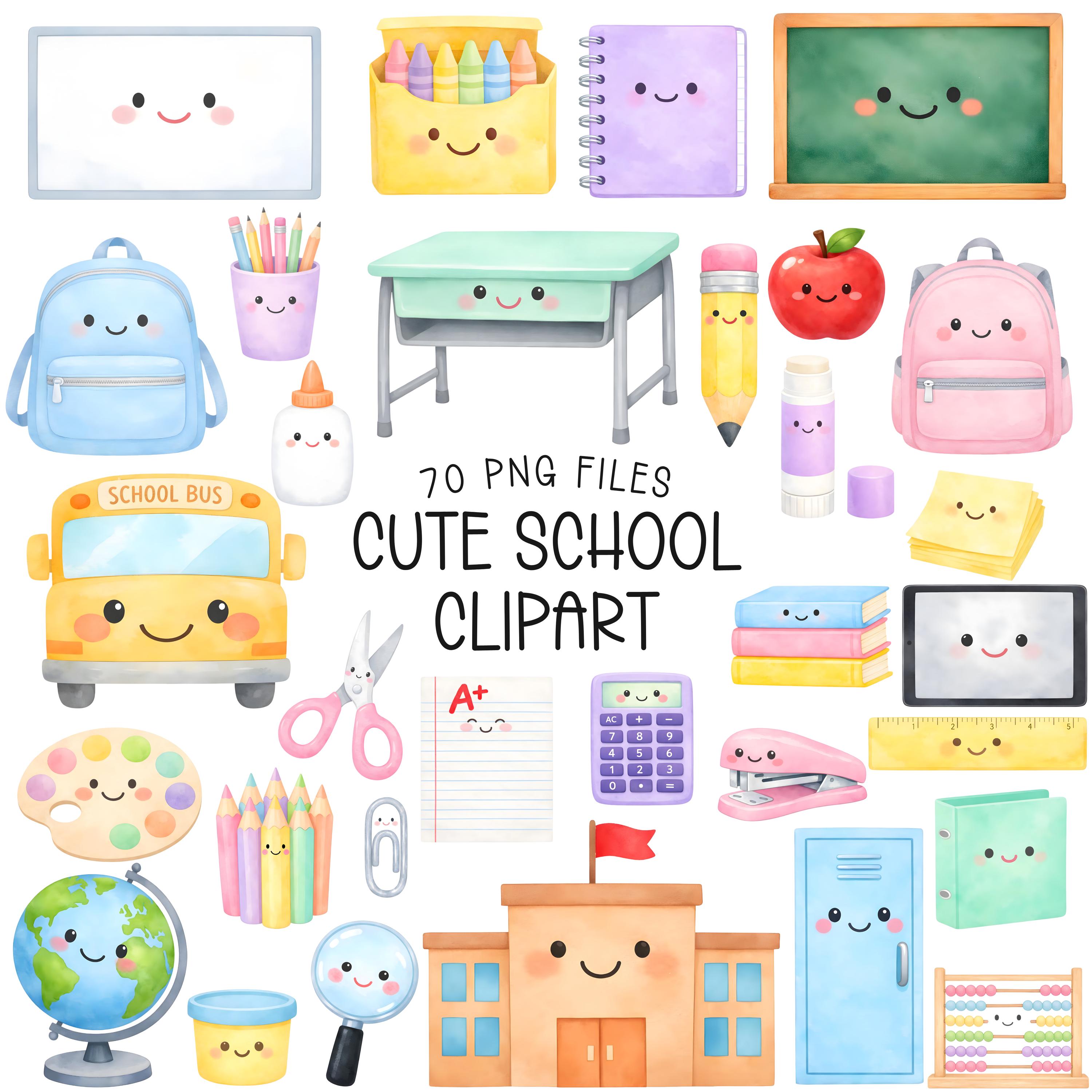 May include: A collection of 70 cute school clipart images. Includes a yellow school bus, a light blue backpack, a green desk, a red apple, a globe, a school building, and other school supplies. The text "CUTE SCHOOL CLIPART" is displayed.