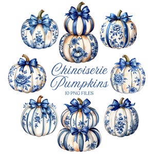 Chinoiserie Pumpkins Clipart - Blue Floral Pumpkins - Png - Fall Clipart - Toile Floral Pumpkin - Commercial license - Sublimination