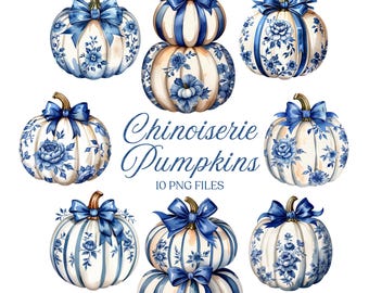 Clipart citrouilles chinoises bleues – Automne floral PNG (sous licence commerciale)