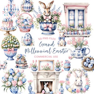 Puede incluir: Un conjunto de 50 ilustraciones digitales con un tema de Pascua grand millennial. Las ilustraciones incluyen conejos, huevos, flores, una chimenea, una tetera, una magdalena y una ventana con una jardinera floral. Las ilustraciones están en un estilo de acuarela y presentan un esquema de color azul y blanco con acentos rosados.