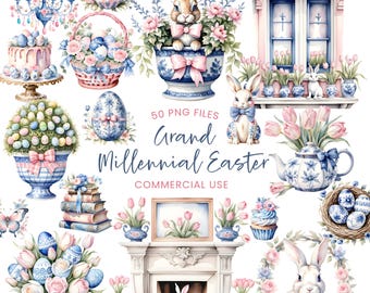 Chinoiserie Easter Clipart - Grand Millennial - Watercolor Easter - Blue Floral Easter Png - Easter Sublimination - Commercial License